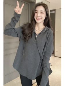 Loose Fit Long Sleeve Hoodie Womens Fashionable German Velvet Top Slimming Concealing Mid-Length T-Shirt Creative Solid Color