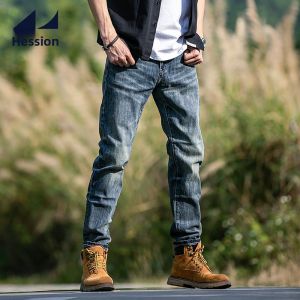 HESSION | Elastic Slim Fit Straight Blue Vintage Washed Gradient Mens Jeans
