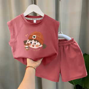 Girls Pure Cotton Vest Set Cartoon Print Summer Casual Shorts Two-Piece Suit for Children Breathable Comfortable Clothing