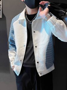 เสื้อแจ็คเก็ตผู้ชายคอปกสีบล็อกสไตล์เกาหลีฤดูใบไม้ผลิและฤดูใบไม้ร่วง แฟชั่นลำลอง เสื้อโค้ททรงหลวม แขนยาว ปกติ