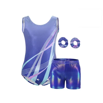 Gymnastics Leotards for Girls Kids Shiny Colorful SleevelessTank Biketards Activewear with Shorts Hairband