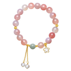 ZHOU LIU FU 周六福 925 Sterling Silver Pink Agate Beaded Bracelets Natural Green Jade Bead Freshwater Pearl Cute Small Flower Stretch Bracelet for Women Girl 17cm J1913706