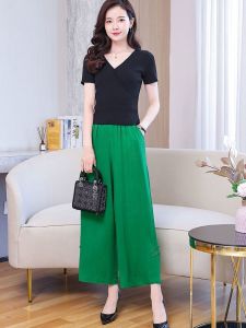 กางเกงขายาวผู้หญิงทรงหลวมเอวสูงผ้าฝ้ายลินินสไตล์ย้อนยุคสไตล์ย้อนยุคฤดูร้อนบางยืดหยุ่นทรงหลวมกระชับสัดส่วนสไตล์ชาติพันธุ์ตรงยาวเก้าฟุต