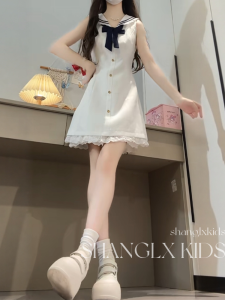 Adorable School Girl Style Navy Collar Dress for Big Girls Summer New Arrival Korean Style Soft Material mid Waist Skirt