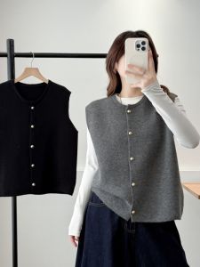 plus Size Womens Knitted Loose Metal Buckle Vest Top Sleeveless Autumn Winter Fashion Slimming Layering Upper Apparel