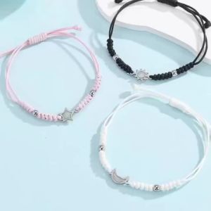 3 Pieces/Set of Stainless Steel Luminous Sun Moon and Stars Steel Ball Accessory Bracelet Hand-Woven Fashion Rope