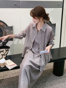 Gray Casual Commute Minimalist Style Womens Dress Set Two-Piece Suit Autumn New Shirt Long Sleeve Button POLO Collar Loose Fit