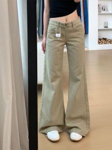 Khaki Loose Wide Leg Bell Bottom Jeans Womens Low Waist Slimming Floor Length Pants American Style Denim Trousers for Ladies