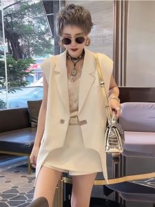 Asymmetrical Suit Vest Suit Female European Goods Fashion Stylish Sleeveless Suit Outwear High Waist Shorts Two-piece Set