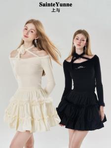 SainteYunne Gentle Necktie Knitted Top Princess Style Slim Fit Long Sleeve Short Length Sweet Embroidery Polyester Fiber