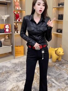 French Elegant Protein PU Leather Shirt Womens Polo Collar Long Sleeve Black Slimming Fashionable Base Layer Top