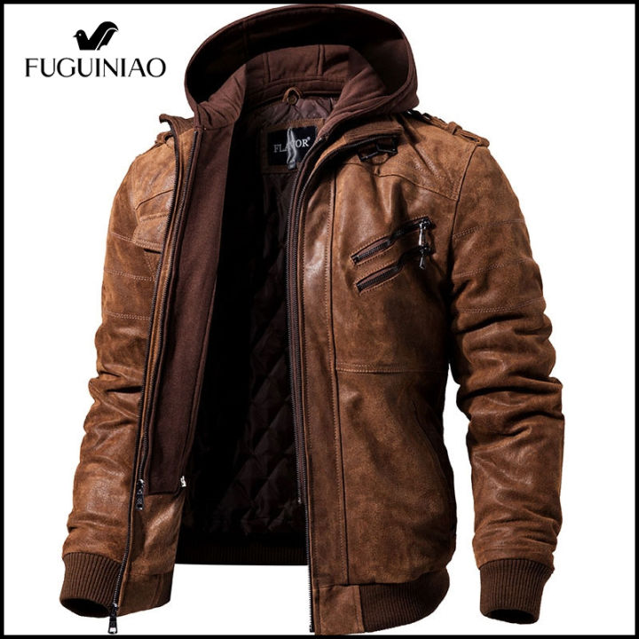FUGUINIAO Men's Oversize Leather Jacket Men Motorcycle Removable