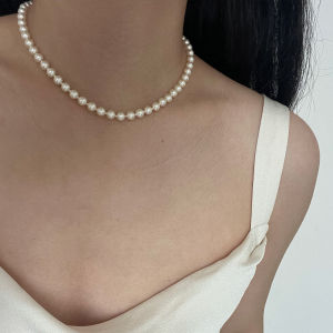 Classic French Knot round Pearl Necklace 6mm Womens Style Blogger Simple Hong Kong Style Clavicle Chain Fashion Jewelry