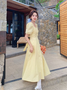 Yellow Sweet Backless A-Line Long Dress Womens Summer Slimming French Style Dress Korean Version Belted V-Neck Bubble Sleeve