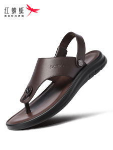 Red Dragonfly Summer 2025 Genuine Leather Mens Sandals Slippers Beach Shoes Anti-Slip Casual Style for Outdoor Wear