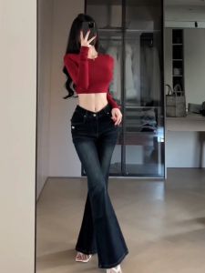 High Waist Flared Jeans Womens Long Pants Retro Washed out Stretchy Slimming Leg Lengthening Floor Length Casual Cotton Stretch Denim