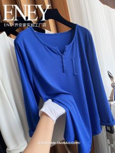 Slimming Effect Klein Blue Long Sleeve T-Shirt plus Size Conceal Meat Spring Autumn Base Shirt Korean Style V-neck Polyester Fiber