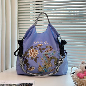 Eco-Friendly Canvas Bag Embroidered Phoenix Flying Shopping Commuter Bag Womens New 2024 Fashionable Ball Chain Stitch Bag