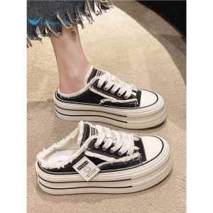 Closed-Toe Slippers Womens Summer Outwear 2024 New Arrival Canvas Shoes Heel-Free Easiest for Match Lazy Semi Slipper Thick Sole Ins Fashion