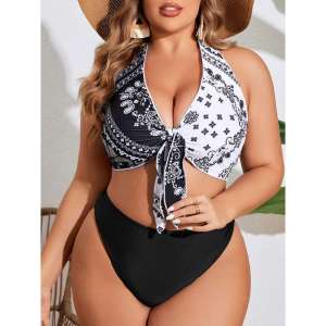 New Color-blocked Halter Neck Tie High-waisted Two-piece Plus Size Bikini Swimsuit
