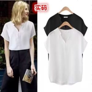 DSF Studio 2026 Summer Fat MM Large Size Womens Short Sleeve Chiffon White Shirt Fat Sister Loose V-Neck Pullover