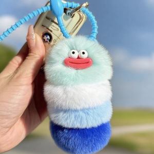 Cute Caterpillar Rabbit Fur Car Keychain Pendant Womens Elegant Ins Style Toy Bug Shape Soft Plush Dolls Universal Gender