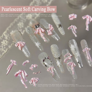 50Pcs 3D Pink Pearlescent Soft Craving Bow Nail Charms Mixed-Shapes Satin Bowknot Nail Art Decorations Y2K Ribbon Nails Supplies