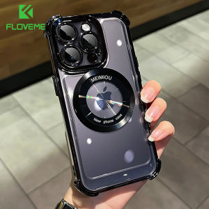 FLOVEME Luxury Plating Armor Clear Phone Case For iPhone 15 14 13 12 11 Pro Max 15 14 Plus Magsafe Logo Hole Wireless Charging Four Corner Anti-fall Transparent Shockproof Back Cover For iphone 15 14 13 12 11