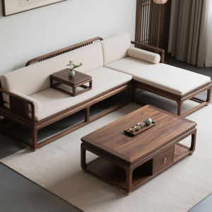 North America Black Walnut Solid Wood Corner Sofa New Chinese Style Three-Seater Simple Living Room Songshi Aesthetic