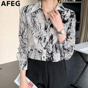 AFEG new Korean style shirt collar fashion loose all-match temperament printed chiffon long-sleeved blouse for women