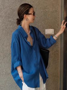 Premium Feel Linen Long Sleeve Shirt Loose Fit Thin Cotton Linen Blue Shirt Casual Versatile Open Cardigan Outerwear