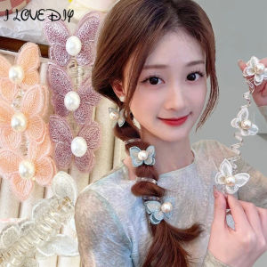 ห่วงมัดผมสายโทรศัพท์ไข่มุกผีเสื้อสำหรับผู้หญิงเชือกผมหางม้าคู่ยืดหยุ่นที่คาดผมถักเปียหางม้าแบบหวานแหววว