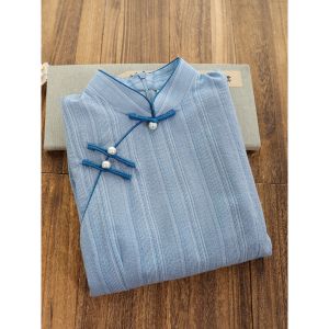 Retro Republic of China Blue Striped Cheongsam Young Revised Version Daily Wear Polyester Fiber Short Sleeve Low Slit