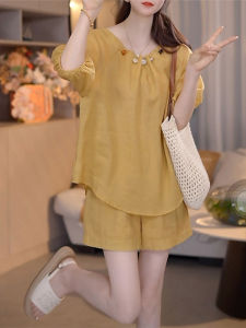 Shalldoer | Casual Lazy Feelings Womens Summer 2025 Two-Piece Set Drawstring Short Sleeve Shirt And Solid Color Shorts Korean Style Outfit