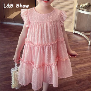 LS Show cho bé gái Đầm tank hè thời trang trẻ em màu trơn Chân Váy Voan rộng vừa vặn bé gái váy cộc tay