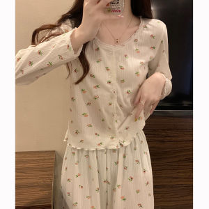 Long Sleeve Pure Cotton Sleepwear Winter Edition Womens Small Size with Chest Pad Trendy Set Sweet Home Clothes Ensemble