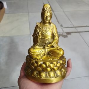 Tượng Phật Bà Quan Âm ngồi đài sen phong thuỷ bằng đồng vàng SA0650