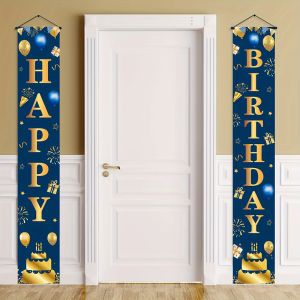 “Happy Birthday” Navy Blue & Gold Luxury Decor Door Curtain Outdoor Porch Birthday Party Decor Backdrop Wall Home Decor