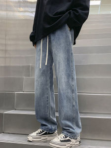กางเกงยีนส์ทรงหลวมสไตล์อเมริกันสำหรับผู้ชาย กางเกงขายาวทรงตรงสีน้ำเงิน กางเกงขายาวทรงหลวมสไตล์ไฮสตรีทสำหรับฤดูใบไม้ผลิและฤดูใบไม้ร่วง