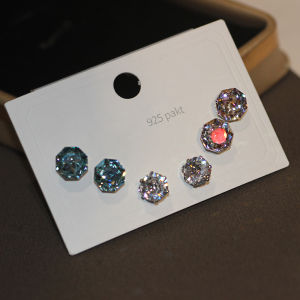 ต่างหูคริสตัลทรงกลม 925 เงินแท้ คู่ 3 ชิ้น ตกแต่งด้วยเพชร วัสดุคริสตัล วัสดุโลหะผสม เครื่องประดับแฟชั่น