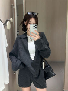 Laid-back Style Womens Deep Grey V-neck Striped Knitted Sweater Early Autumn Casual Two-piece Set Includes Short Pants
