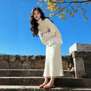 CHANGTONG | Fashionable Hollow Out Poncho Top Skirt Three-Piece Set
