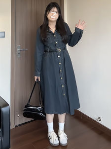 พลัสไซส์ ผู้หญิง แขนยาวสไตล์วินเทจฮ่องกง เดนิม เดรส พรางหุ่น เนื้อครอบคลุมสูง เอว ทรงเอ ยาว เดรส