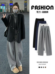 Gray Fleece Lined Casual Sporty High Waist Wide Leg Pants for Women Straight Cut Trousers Comfortable Soft Polyester Fabric