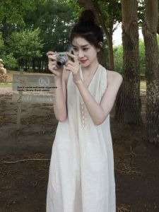 Y6Y | Beach Vacation Style White Sleeveless Neckline V-Neck Dress Women Summer 2025 New Beautiful Beach Long Skirt Sweet High Waist A-Line