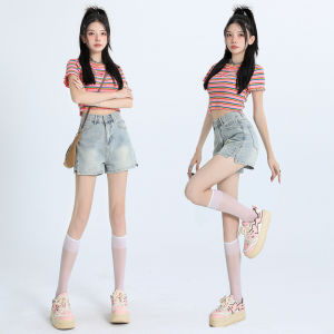 กางเกงขาสั้นผ้ายีนส์เอวสูงสไตล์ย้อนยุคสำหรับผู้หญิง กางเกงขายาวทรงเอหลวมๆ สีอ่อน ฤดูร้อน 2025 กางเกงขายาวทรงเอสำหรับสาวฮอต