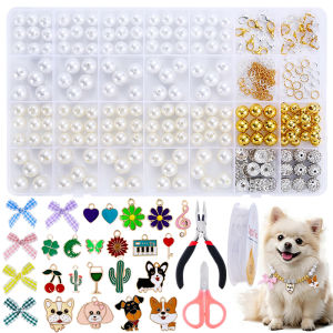Dog Cat Pearls Necklace Collar Making Kit with Bling Accessories and Ribbon Bow Pet Puppy Jewelry for Dogs Cats Small Medium