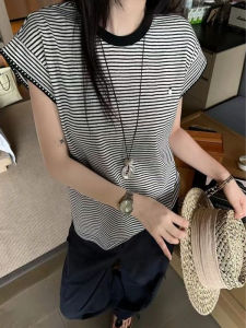 YUEZHONGWEI | Áo thun tay ngắn dệt kim cổ tròn sọc màu tương phản cho nữ mùa hè bó sát áo thun Lenzing Ice Silk Linen