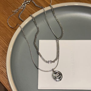 Double Layer Letter Pendant Necklace Womens Fashion Hip Hop Clavicle Chain Sweatshirt Chain round Tag Layered Necklace