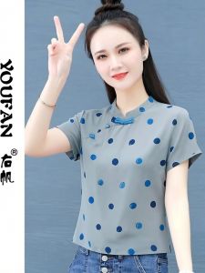 YOUFAN | Traditional Chinese Style Dotted Short-sleeve Shirt Slimming Vintage Top